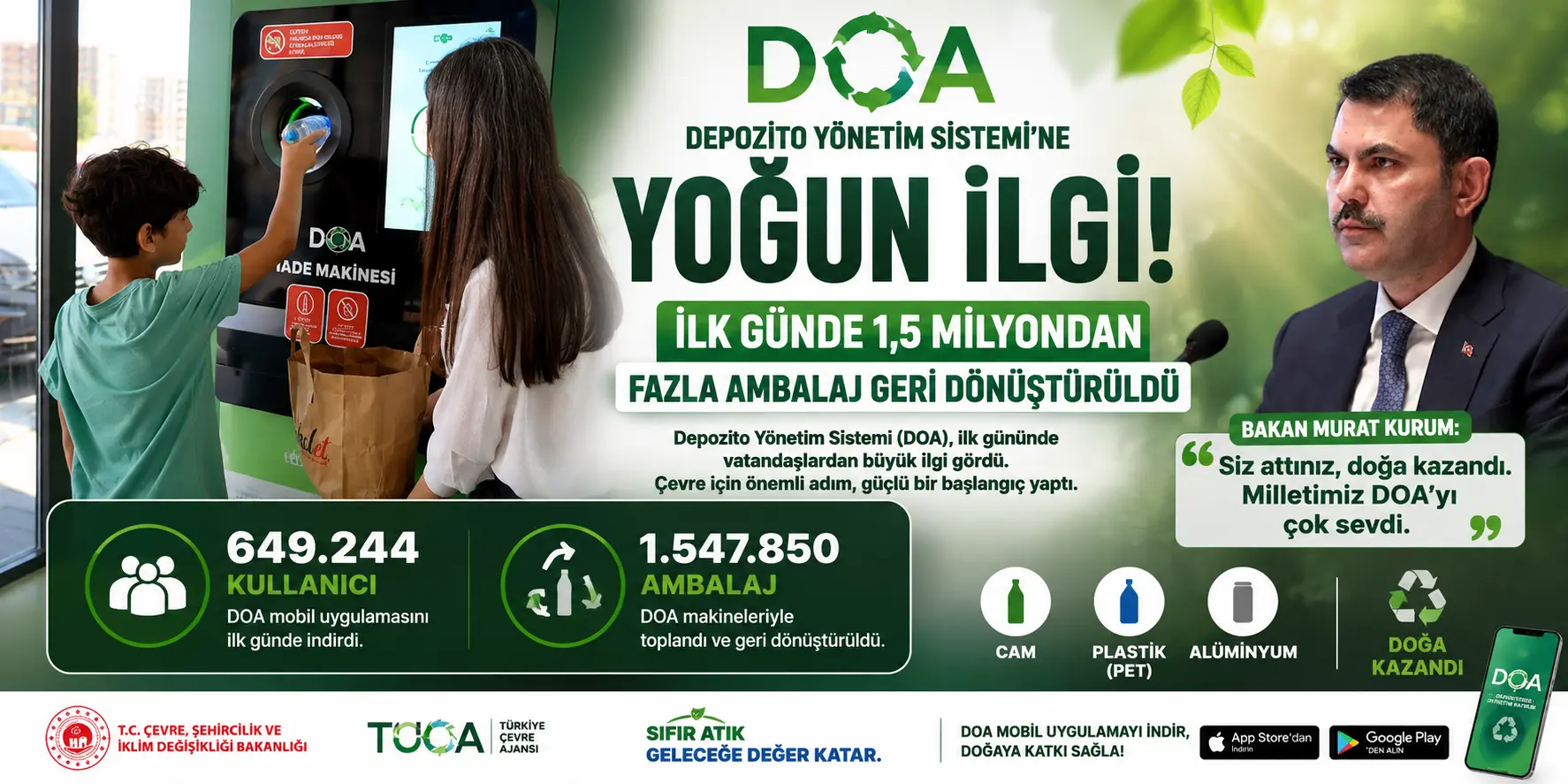 DOA’ya Büyük İlgi! İlk Günde 1,5 Milyon Ambalaj Geri Dönüştürüldü