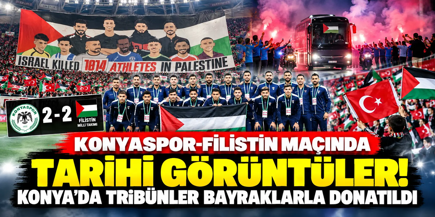 Konya’da tarihi gece! Konyaspor-Filistin maçında tribünler bayraklarla doldu